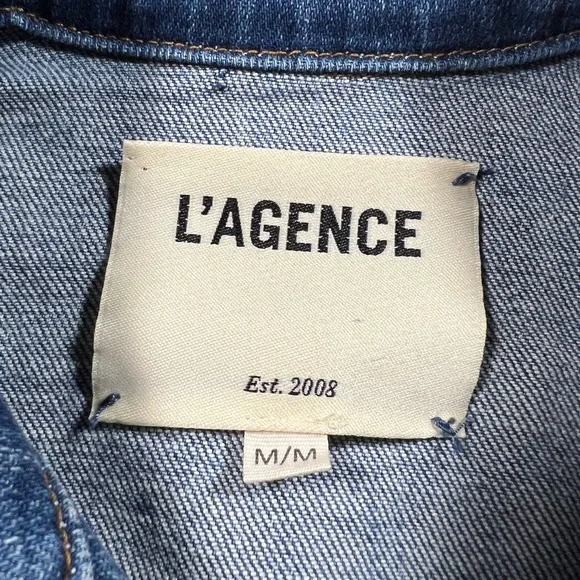 L’AGENCE Women’s Medium Denim Jacket Trucker Raw Hem Button Front Designer Blue - Picture 5 of 12